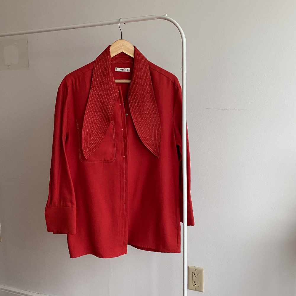 New Mango Contrast Seam Bow Blouse SZ Small